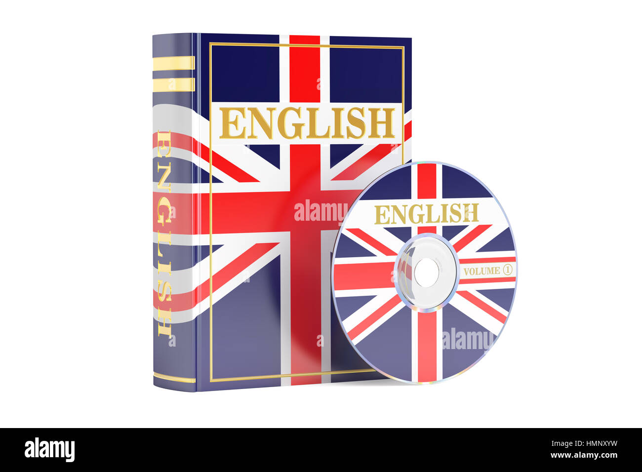 Libro in Inglese con la bandiera del Regno Unito e del disco CD, rendering 3D isolati su sfondo bianco Foto Stock