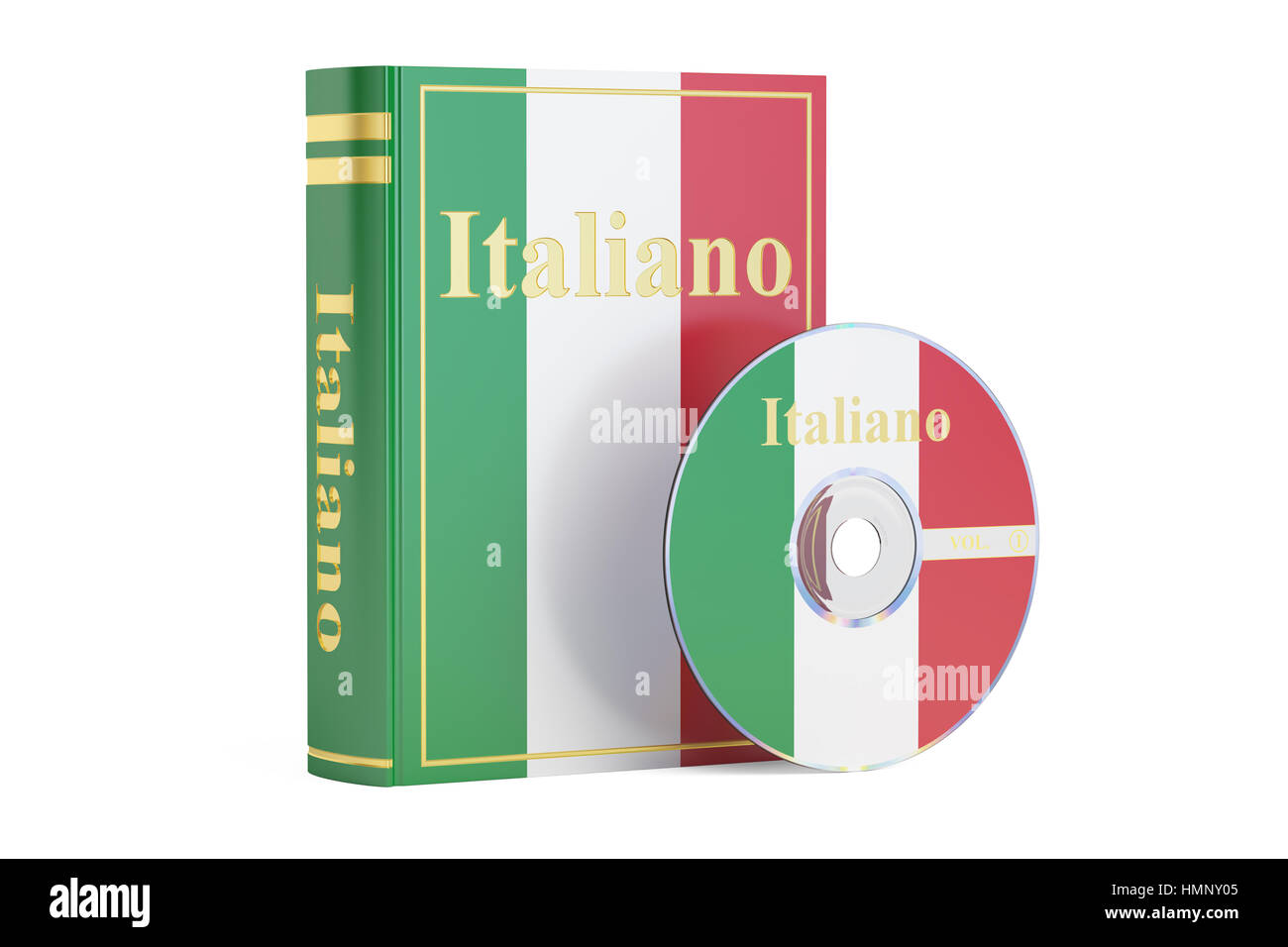 Libro italiano con bandiera di Italia e CD, disco 3D rendering isolati su sfondo bianco Foto Stock