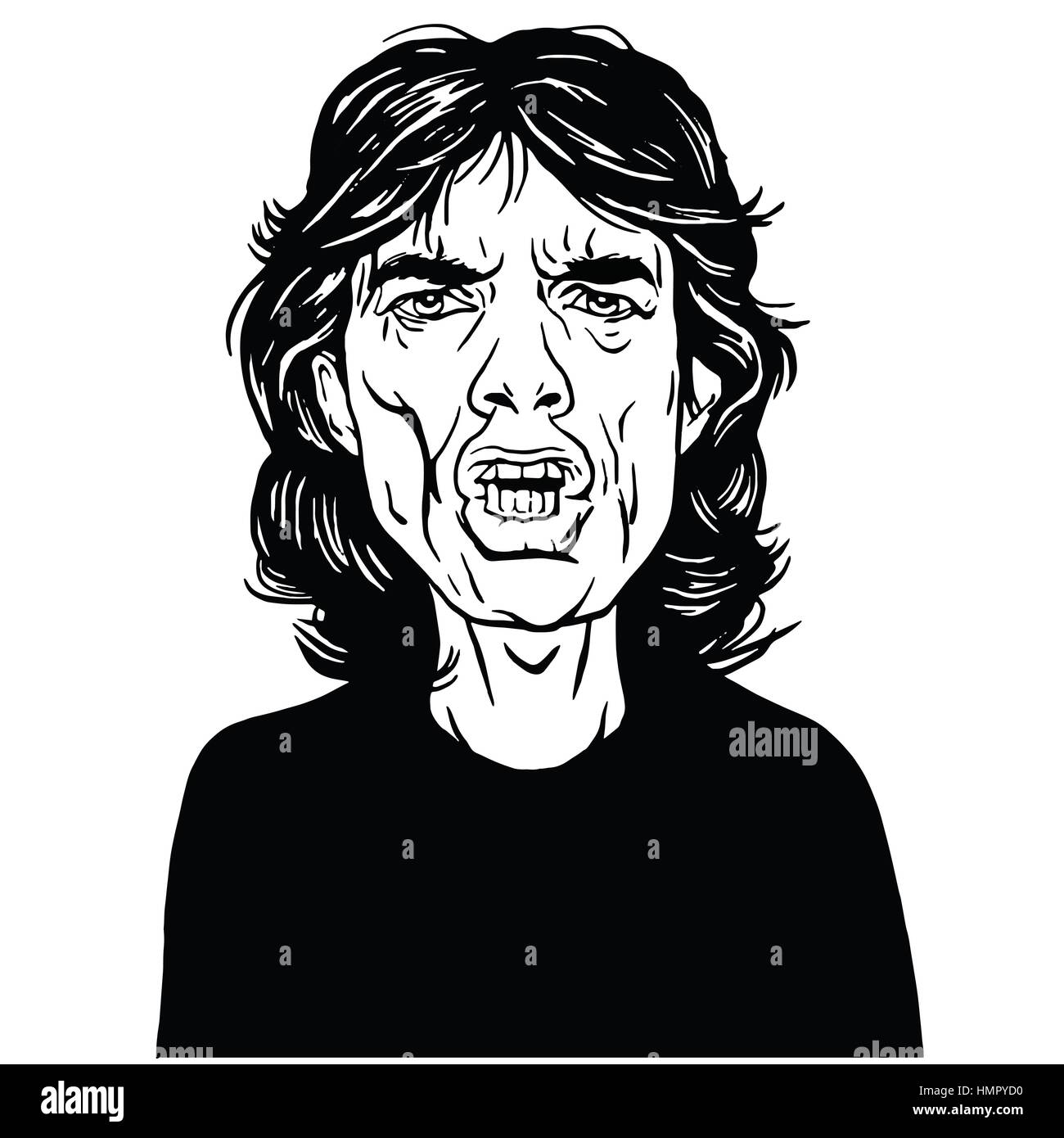 Mick Jagger disegnati a mano ritratto disegno vettoriale in bianco e nero Illustrazione Vettoriale