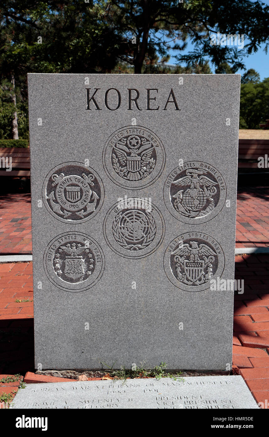 La placca memorial presso il Massachusetts Korean War Memorial, Charlestown, Boston, Massachusetts, Stati Uniti. Foto Stock