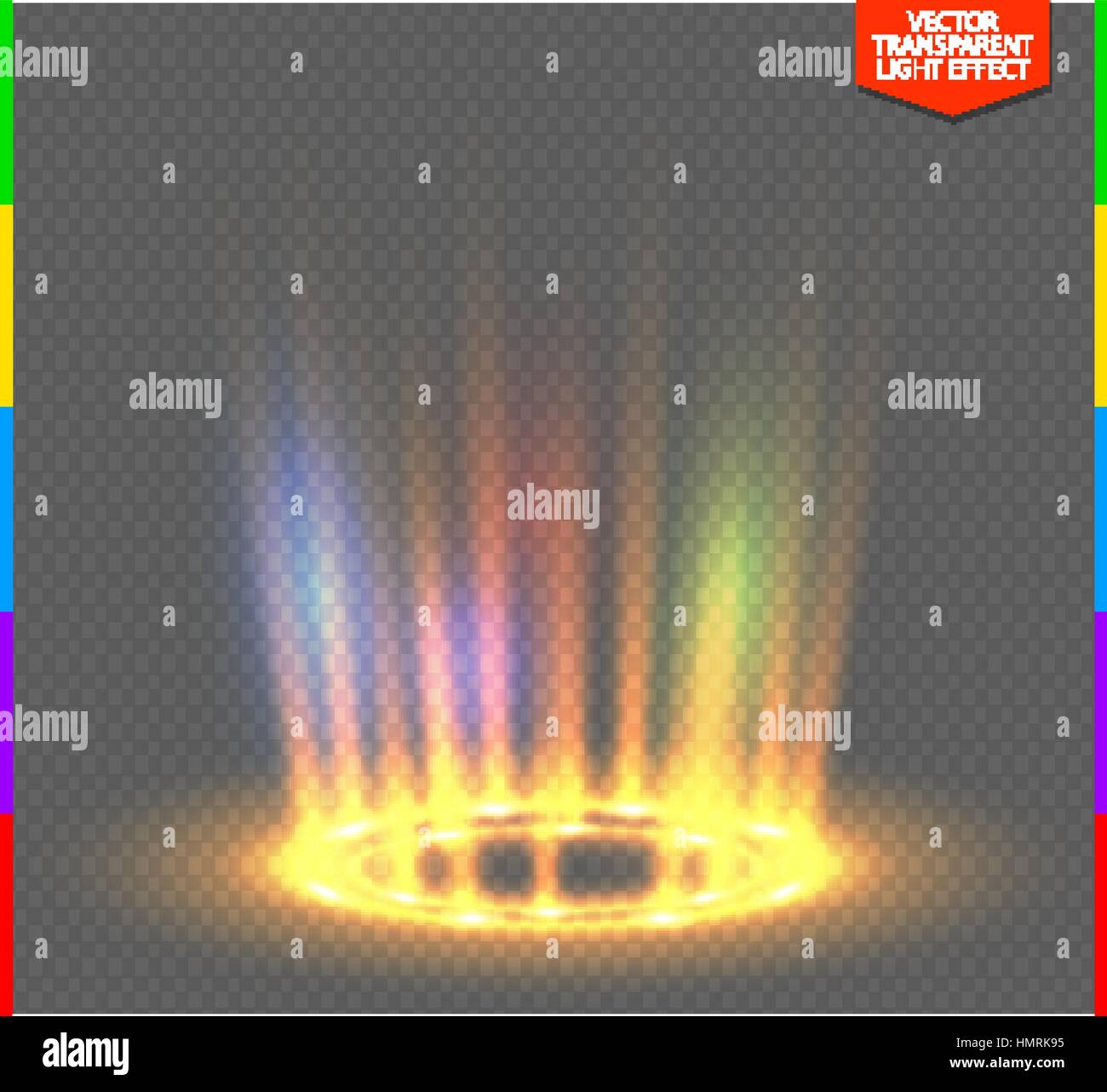 Rotonda gialla raggi incandescenza notturna su sfondo trasparente. Vuoto effetto luce podio. Discoteca dance floor. Mostra i colori dell'arcobaleno. Fase di fascio Illustrazione Vettoriale