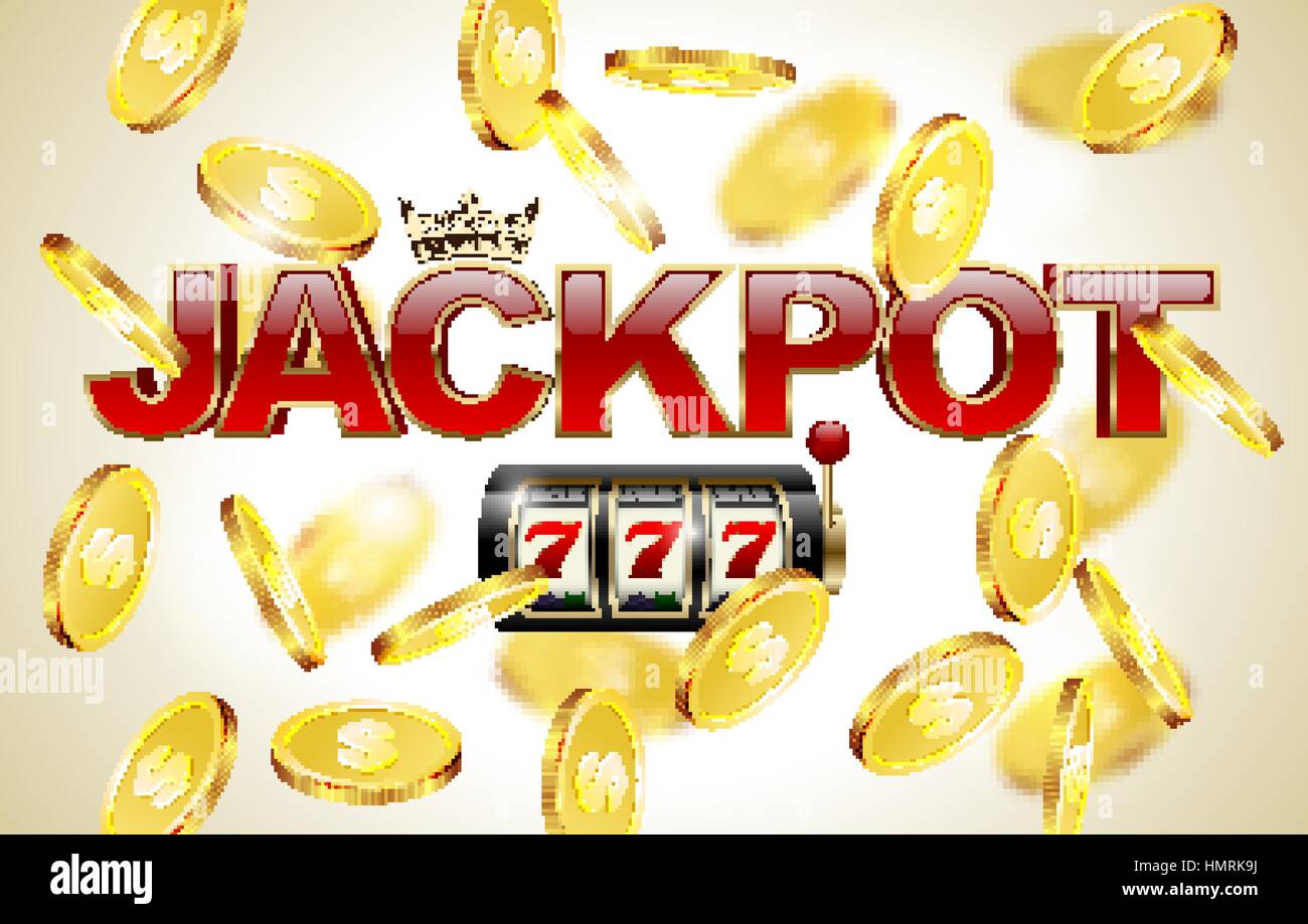 Lucido rosso testo jackpot con corona, slot machine con lucky sette e la caduta delle monete d'oro dello sfondo. Winner Casino Illustrazione Vettoriale