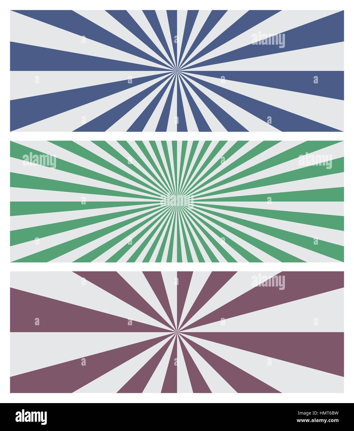 Set di tre sfondi soleggiato nei colori blu, verde e viola. Le strisce come raggi si irradiano dal centro ai bordi del banner rettangolare. Illustrazione Vettoriale