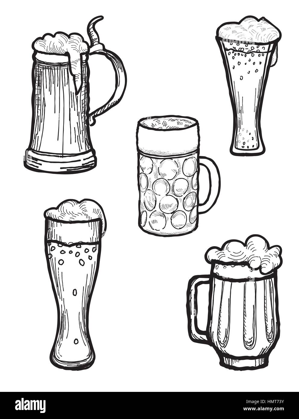 La birra ware impostato in stile retrò. boccale di birra e birra silhouette di vetro doodle incisi collezione. Illustrazione Vettoriale
