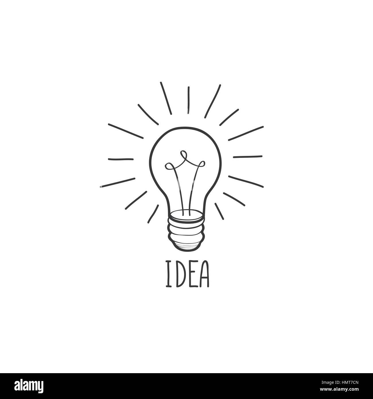 Il bulbo della lampada isolate su fondo bianco con caratteri scritti a mano. grande idea concetto icona. doodle la linea tracciata a mano illustrazione schizzo Illustrazione Vettoriale