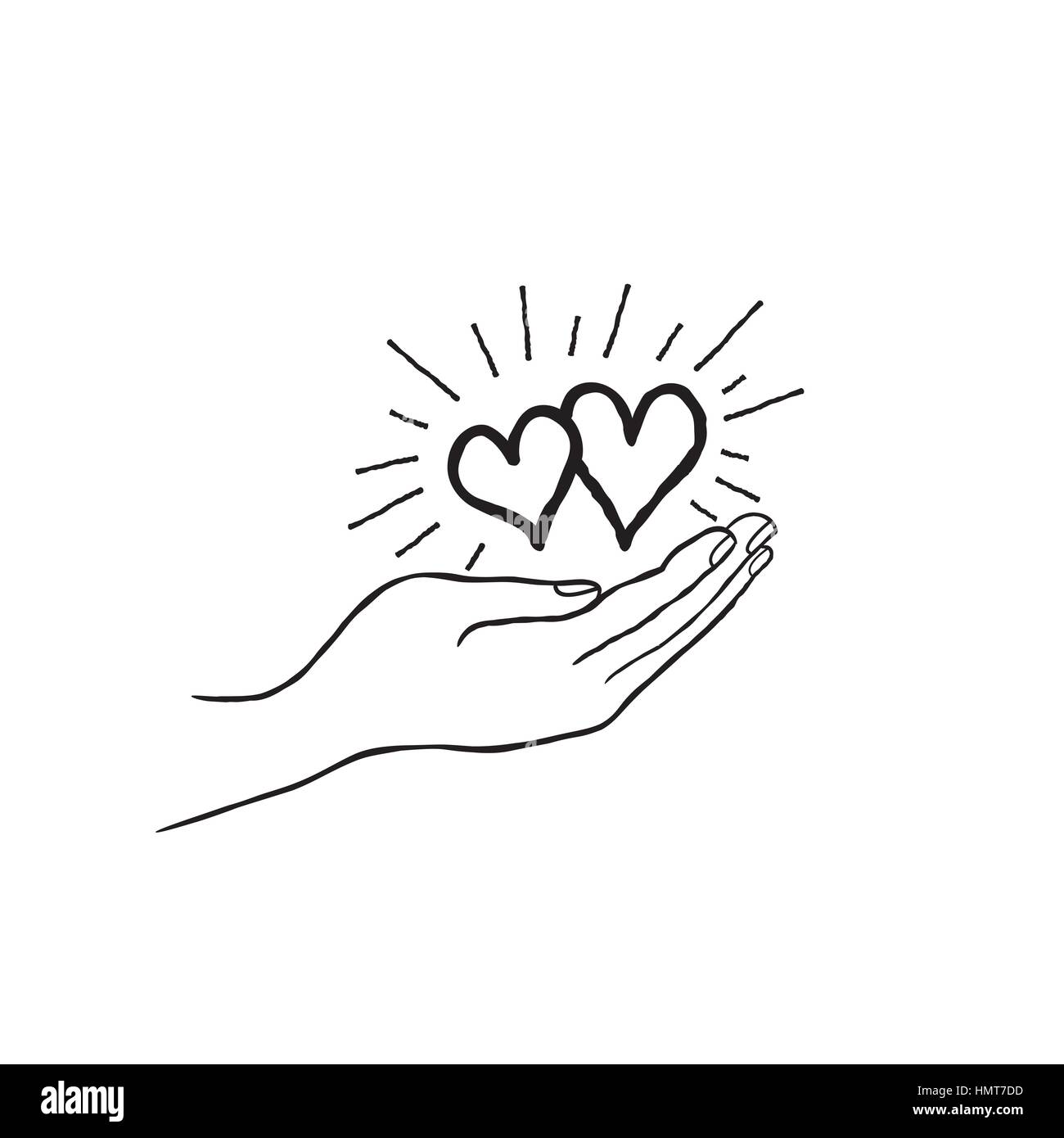 Due cuore di amore nella tua mano. Famiglia forte icona. Salvare il concetto di amore Illustrazione Vettoriale