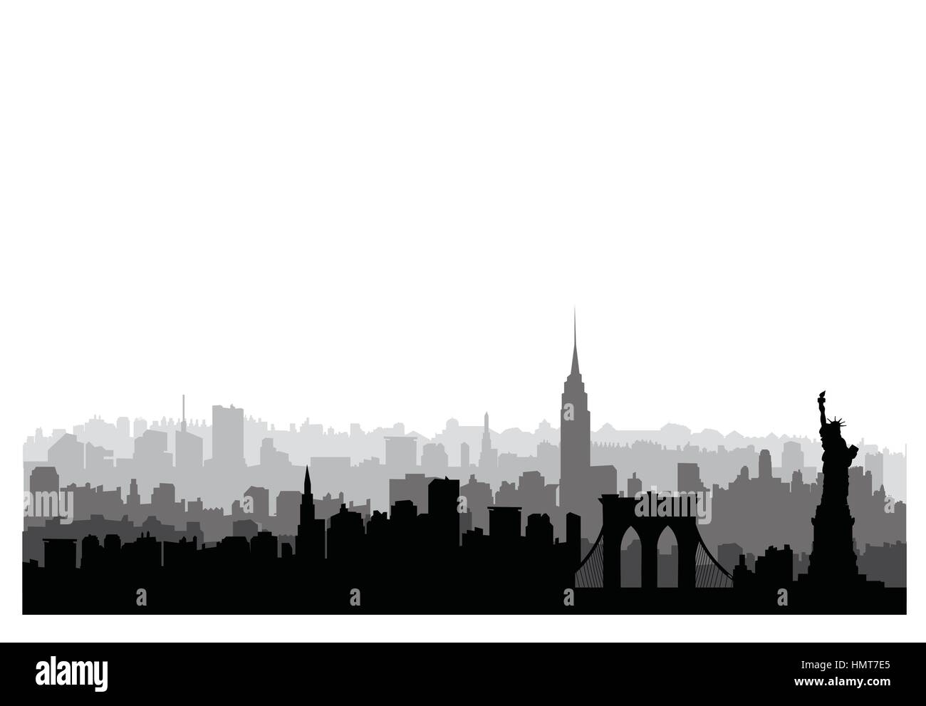 New york, Stati Uniti d'America. dello skyline di New York City con silhouette monumento liberty. american landmarks. urban paesaggio architettonico. cityscape con edifici famosi Illustrazione Vettoriale