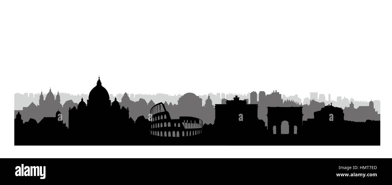 Roma lo skyline della citta'. paesaggio urbano italiano landmark silhouette. Roma urban sfondo architettonico. cityscape con edifici famosi. Viaggiare in Italia car Illustrazione Vettoriale