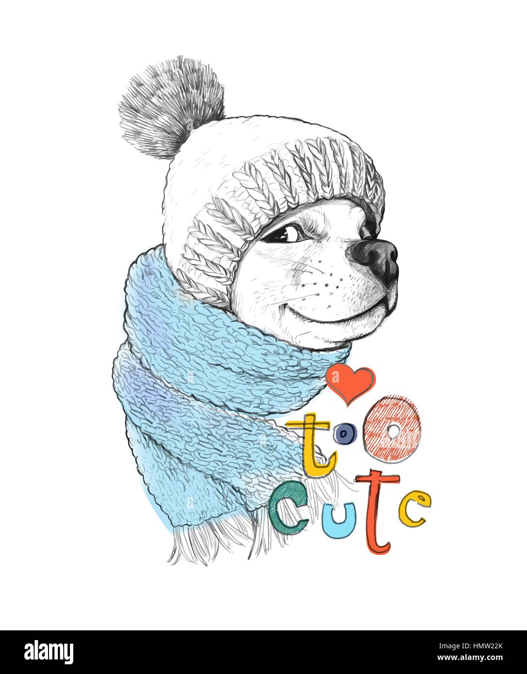 Cute cane in un cappello e una sciarpa. Troppo carino frase. Disegnate a mano illustrazione di una matita e acquarello tecnica. Design per poster, kids T-shirt, stampa, schede di banner. Illustrazione Vettoriale. Illustrazione Vettoriale