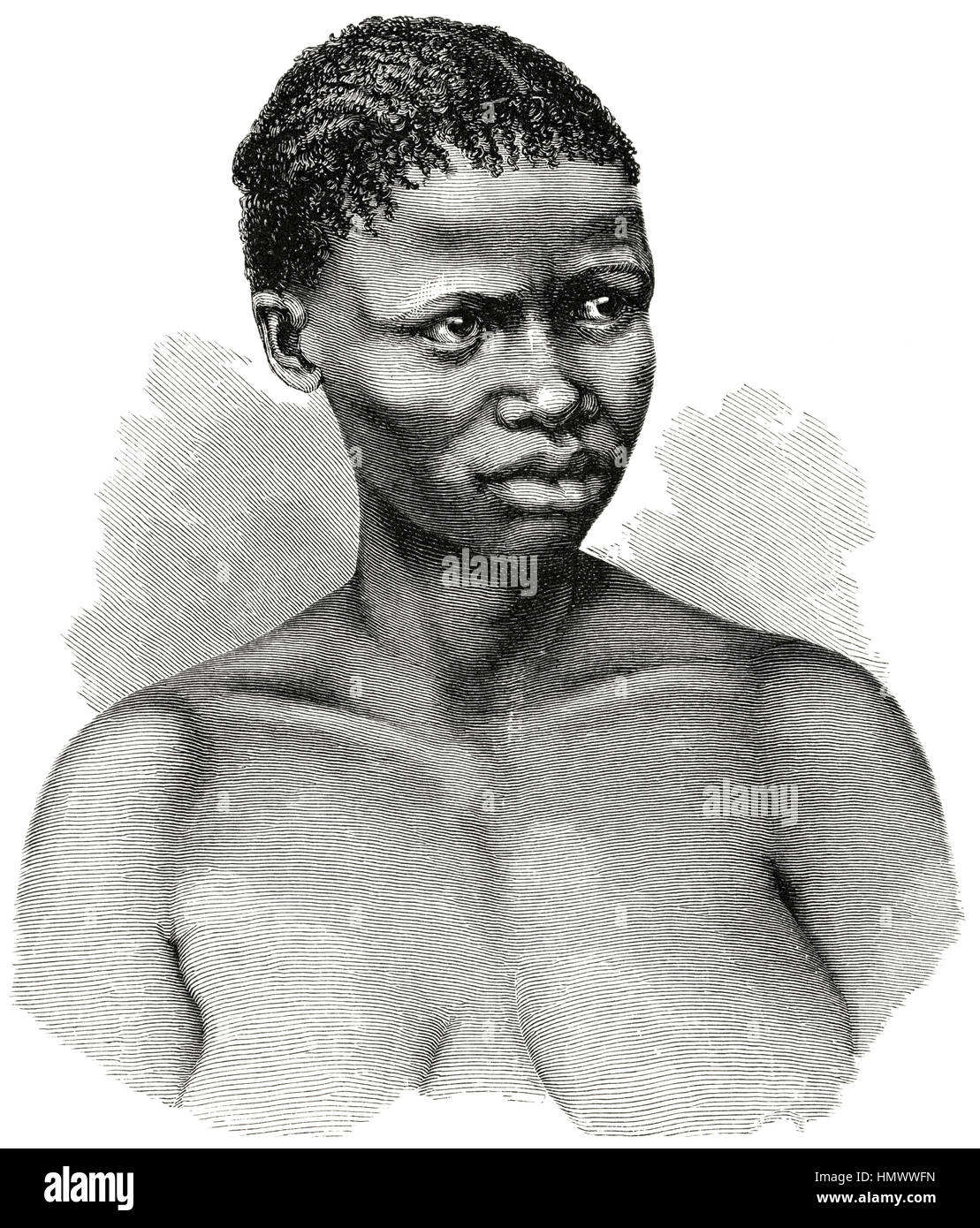 Giovane donna boscimane, Lago Ngami Regione, Botswana, Africa, illustrazione dal libro "Volkerkunde' dal dottor Fredrich Ratzel, Bibliographisches Institut, Lipsia, 1885 Foto Stock