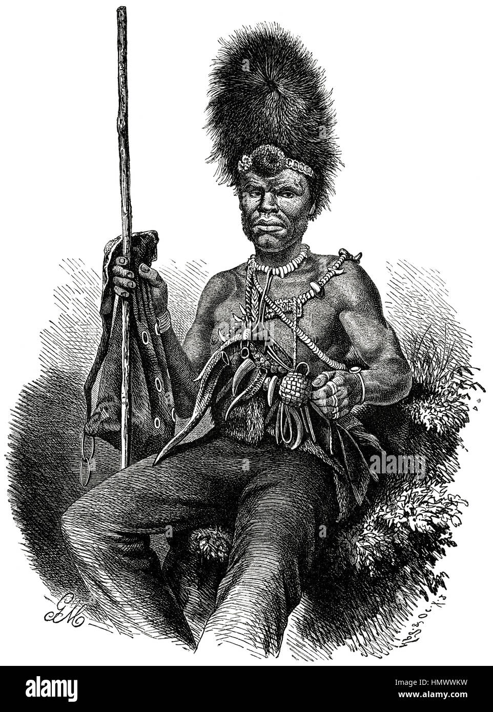 Basuto mago, Africa, illustrazione dal libro "Volkerkunde' dal dottor Fredrich Ratzel, Bibliographisches Institut, Lipsia, 1885 Foto Stock