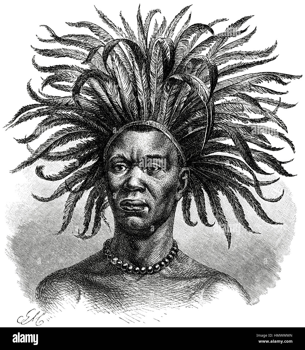 Giovane uomo Mtuta con Feathered copricapo, Africa, illustrazione dal libro "Volkerkunde' dal dottor Fredrich Ratzel, Bibliographisches Institut, Lipsia, 1885 Foto Stock