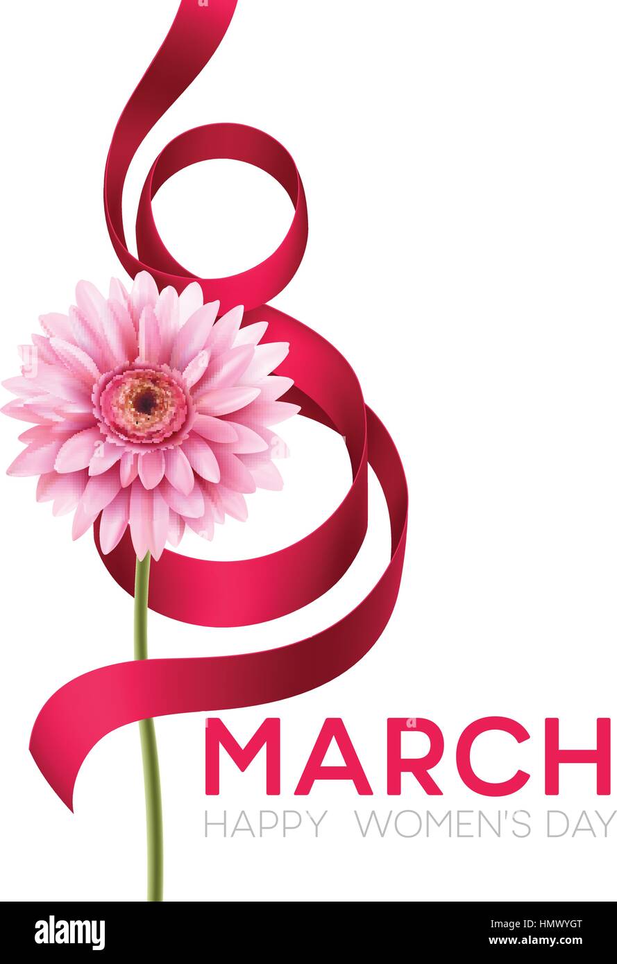 Saluto banner con gerbera fiore e nastro. 8 Marzo - International Womens Day. Illustrazione Vettoriale Illustrazione Vettoriale