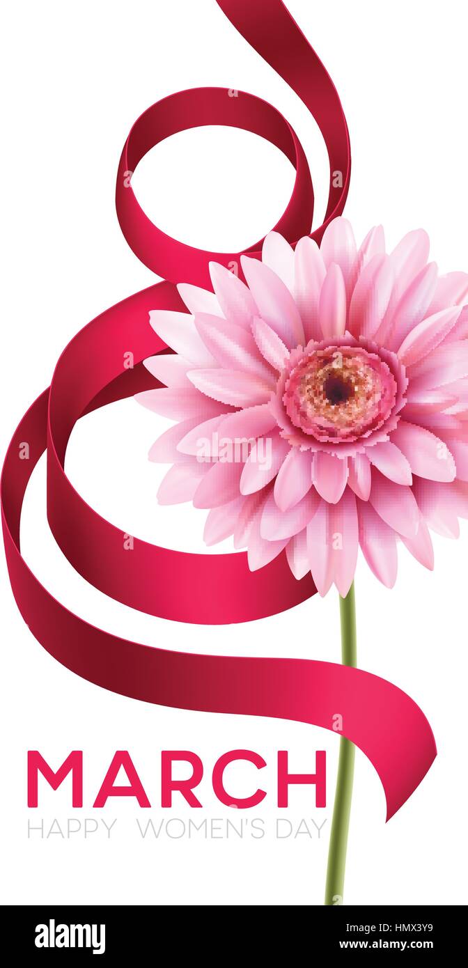 Saluto banner con gerbera fiore e nastro. 8 Marzo - International Womens Day. Illustrazione vettoriale EPS10 Illustrazione Vettoriale
