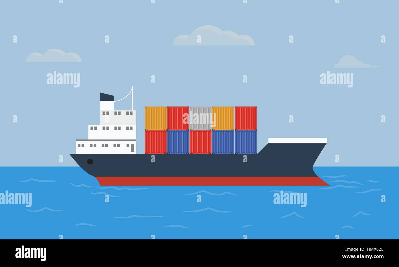Contenitore di carico nave trasporta i contenitori all'oceano blu. Piatto e colore solido stile illustrazione vettoriale Illustrazione Vettoriale