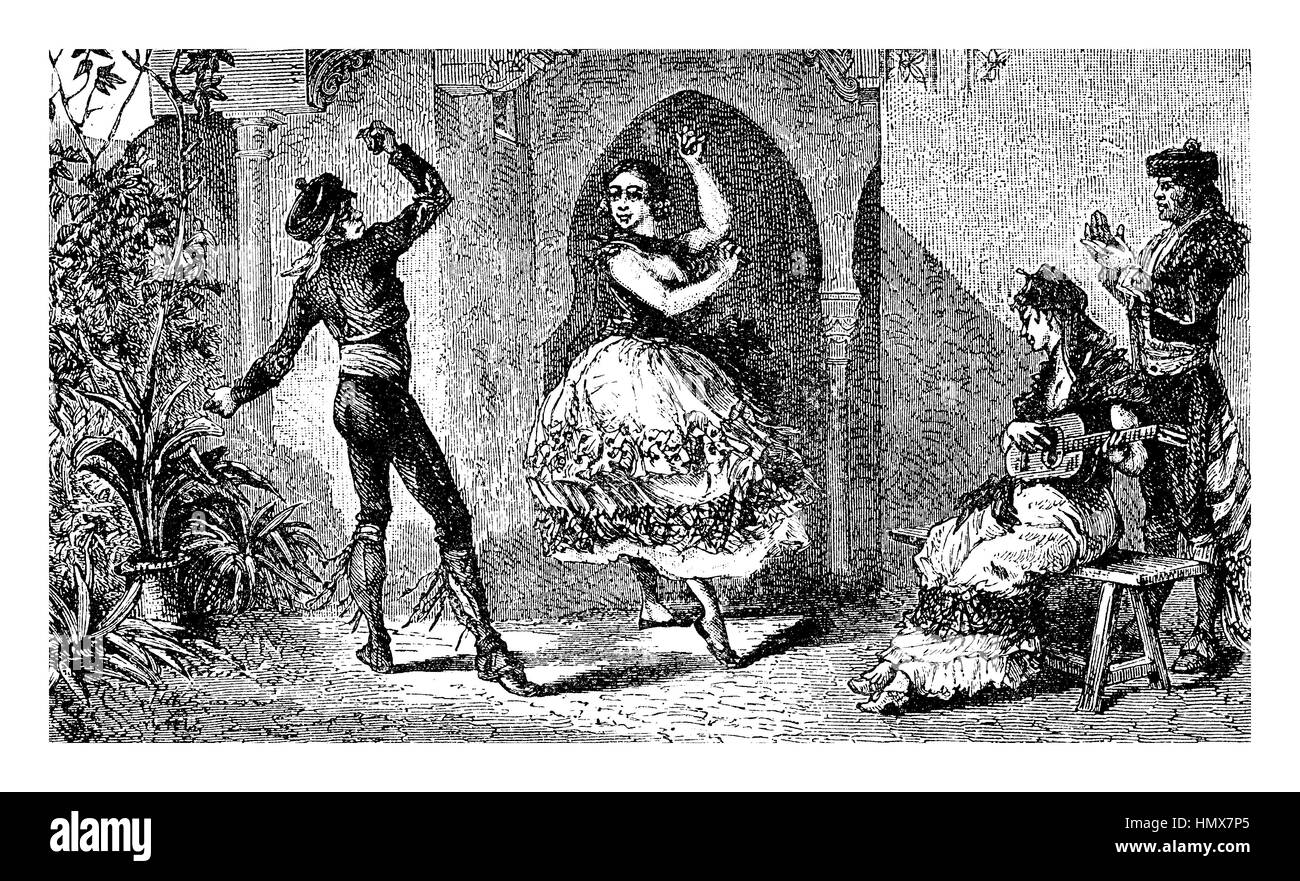 Paio di spagnolo ballerini di flamenco di eseguire con nacchere, XIX secolo incisione Foto Stock