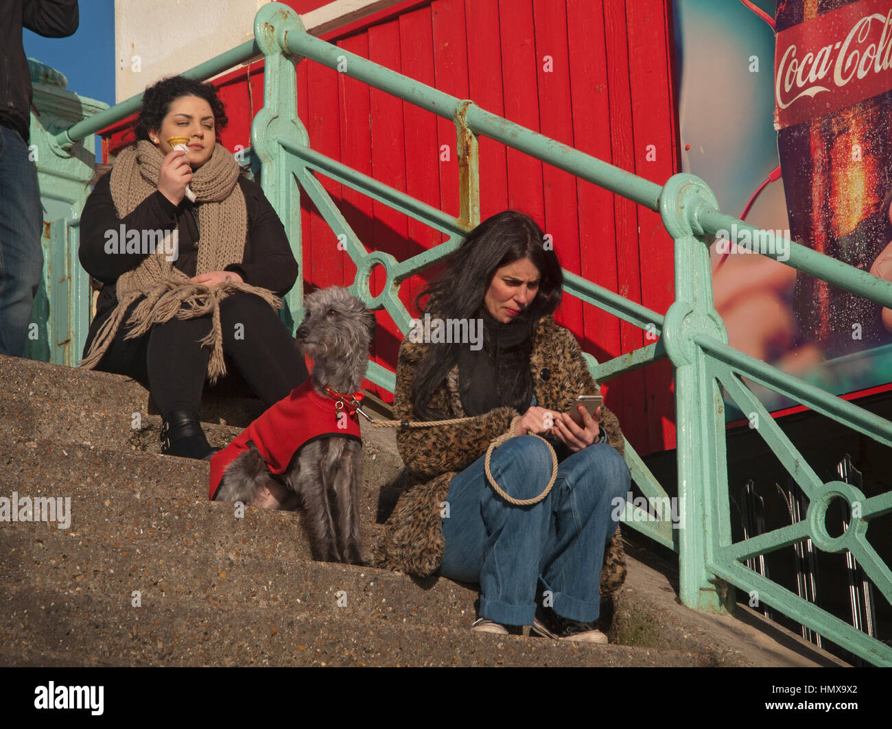 Godendosi un po' di sole invernale vicino al Brighton Seafront Foto Stock
