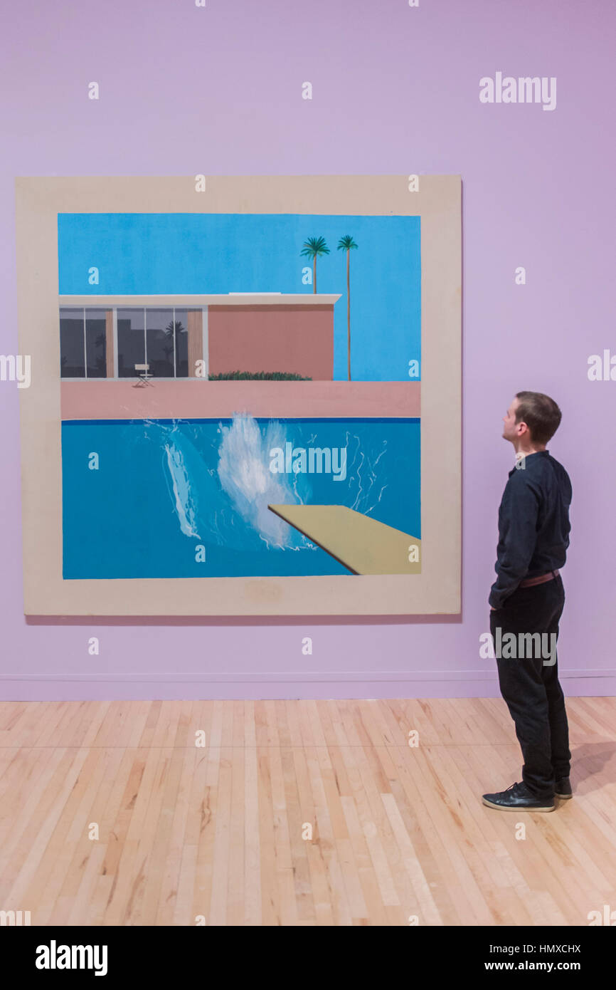 Tate Britain, Londra, Regno Unito. 6 febbraio, 2017. Un più incisivo, 1967 - David Hockney, un nuovo grande retrospettiva, alla Tate Britain's. Esso comprende più di duecento opere e celebra Hockney il raggiungimento nella pittura, disegno, stampa, fotografia e video. Come lui si avvicina il suo ottantesimo compleanno, la mostra offre una panoramica senza precedenti dell'artista che 60 anni di carriera. Si va dal 9 febbraio al 29 maggio 2017. Londra 06 Feb 2017. Credito: Guy Bell/Alamy Live News Foto Stock