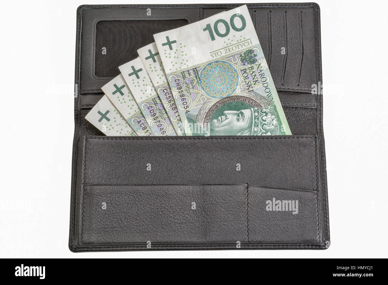 Zloty polacco un centinaio di note in uomo in pelle nero portafogli isolati su sfondo bianco Foto Stock