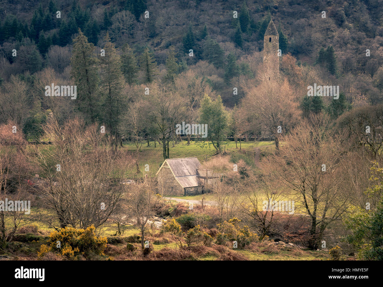 San Kevin la antica chiesa di Glendalough, Monti Wicklow, Irlanda Foto Stock