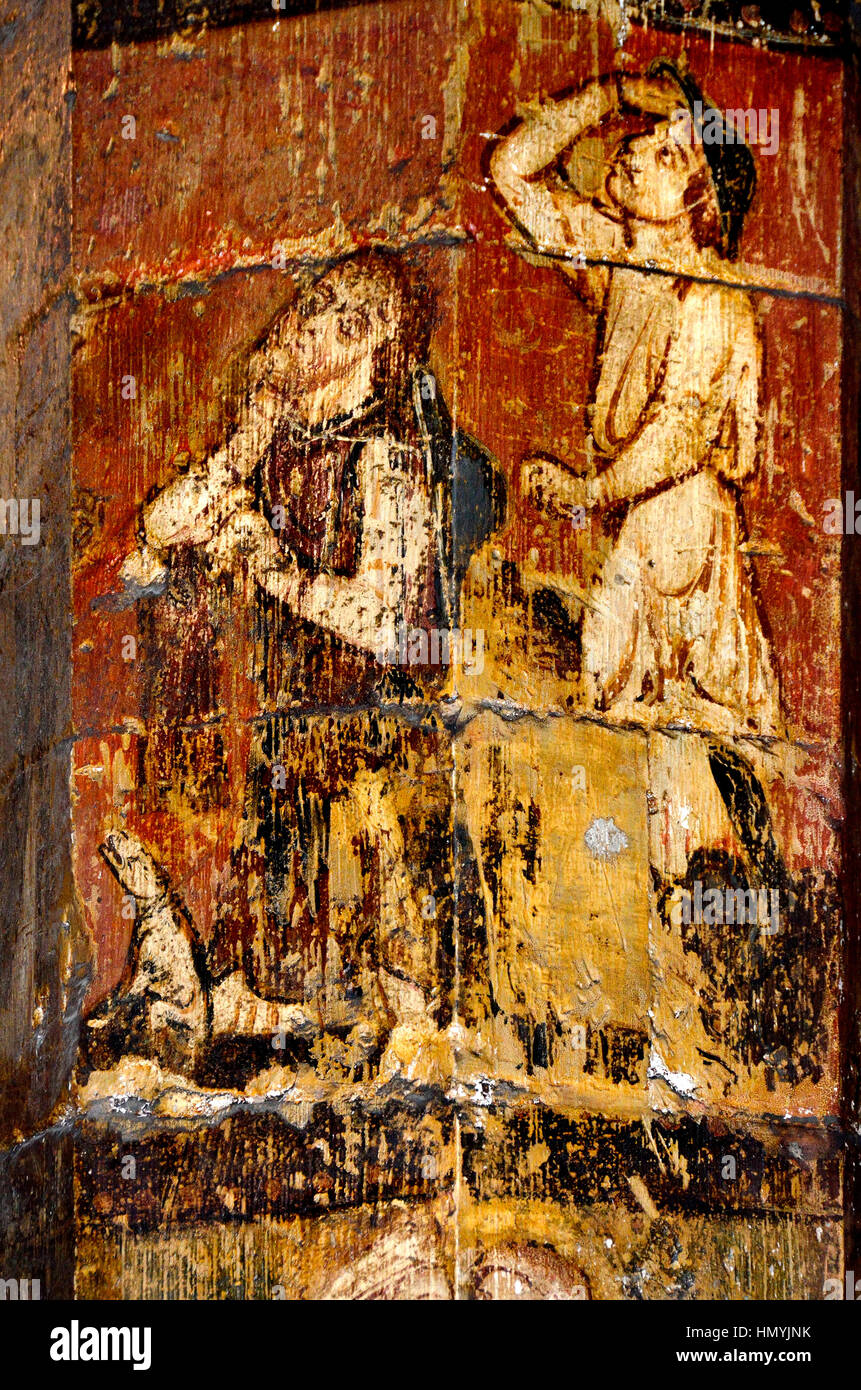 Faversham Kent, Inghilterra. Santa Maria della Carità chiesa parrocchiale. Dipinto di colonna (c1306) raffiguranti scene della vita di Gesù Foto Stock