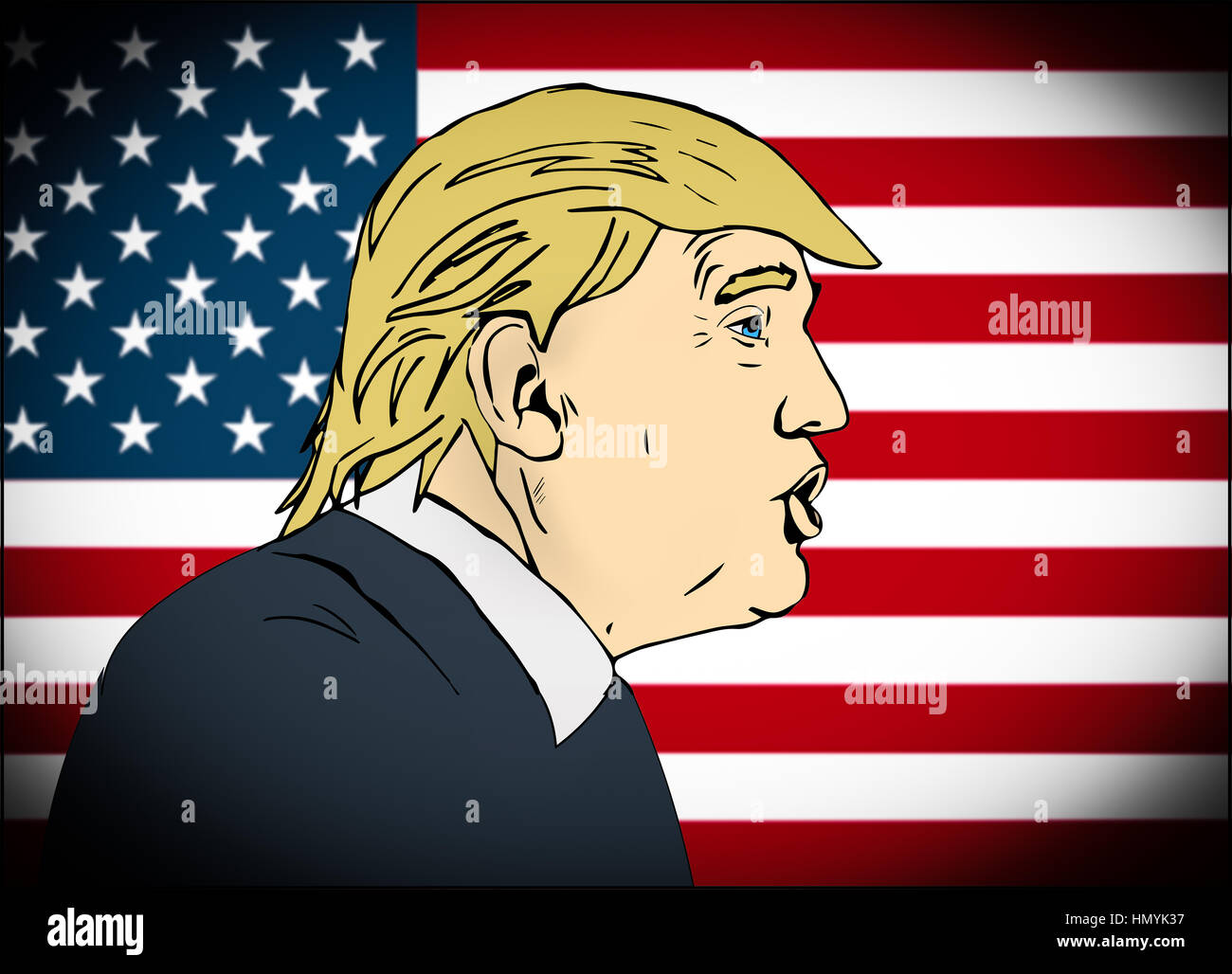 25 gennaio 2017: illustrazione del presidente americano Donald Trump sulla bandiera nazionale sfondo realizzato a mano in stile draw Foto Stock