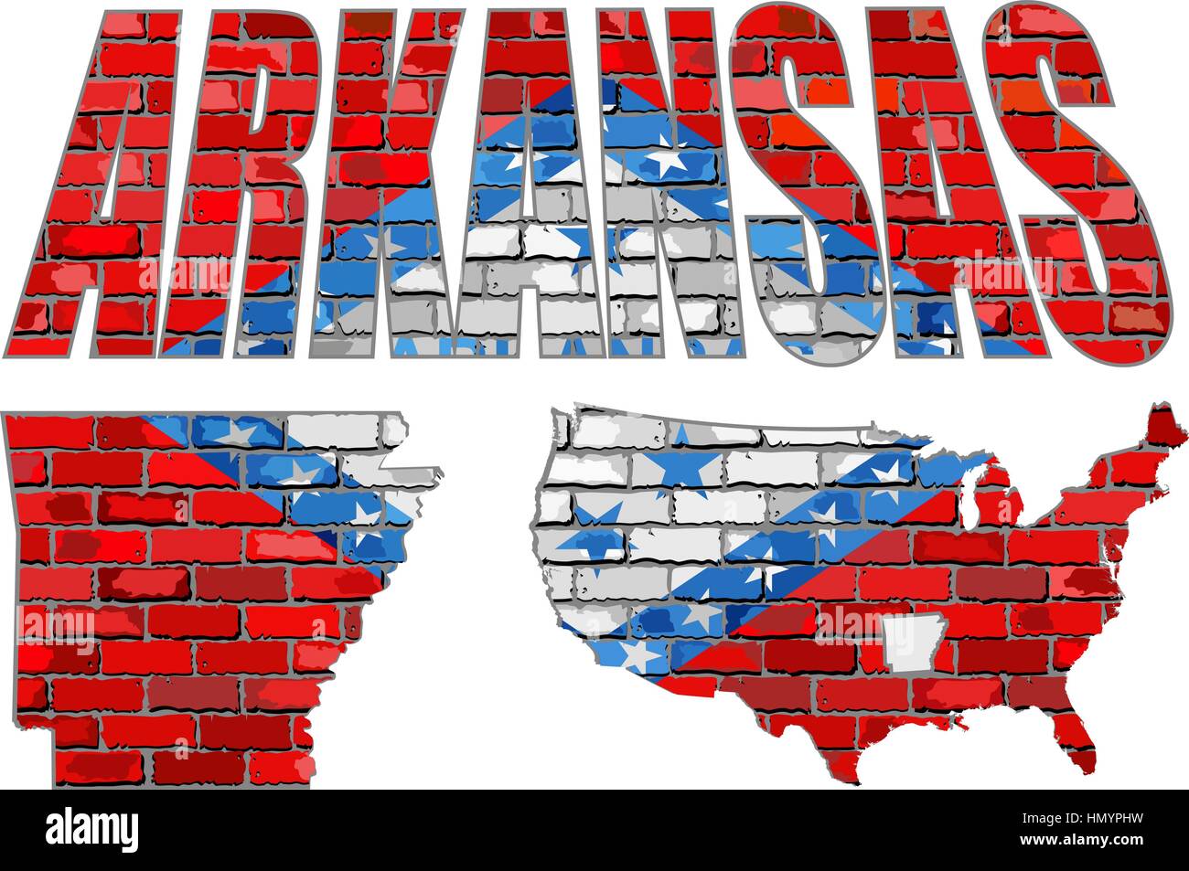 Arkansas su un muro di mattoni - Illustrazione, Font con l'Arkansas bandiera, Arkansas mappa su un muro di mattoni Illustrazione Vettoriale