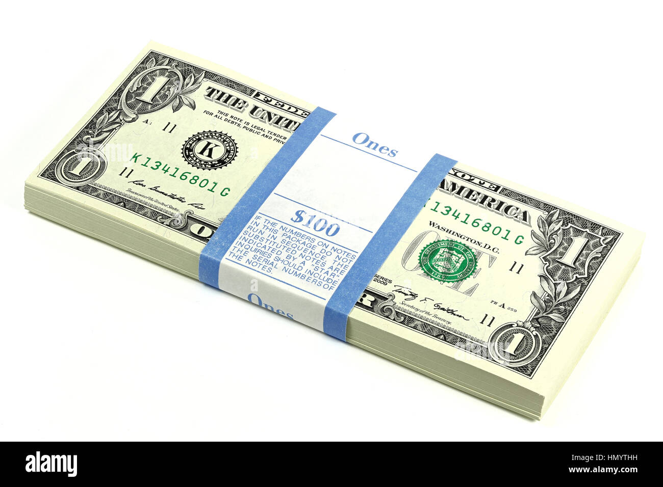 Pacchetto di 1 dollaro USA note isolati su sfondo bianco Foto Stock