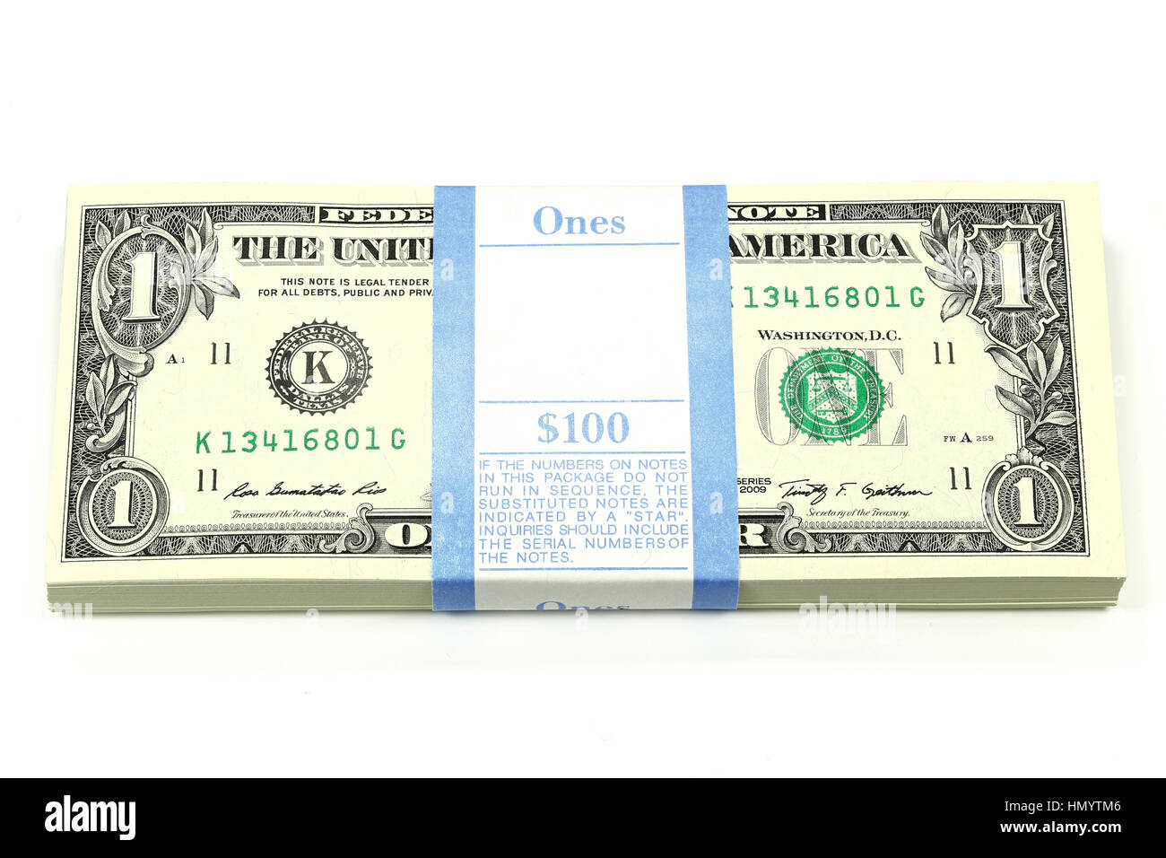 Pacchetto di 1 dollaro USA note isolati su sfondo bianco Foto Stock