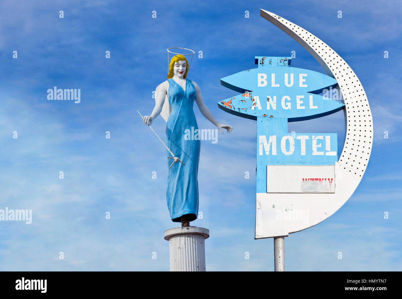 Il Blue Angel Motel segno e la statua nella vecchia Las Vegas. "L'angelo a Sin City' Foto Stock