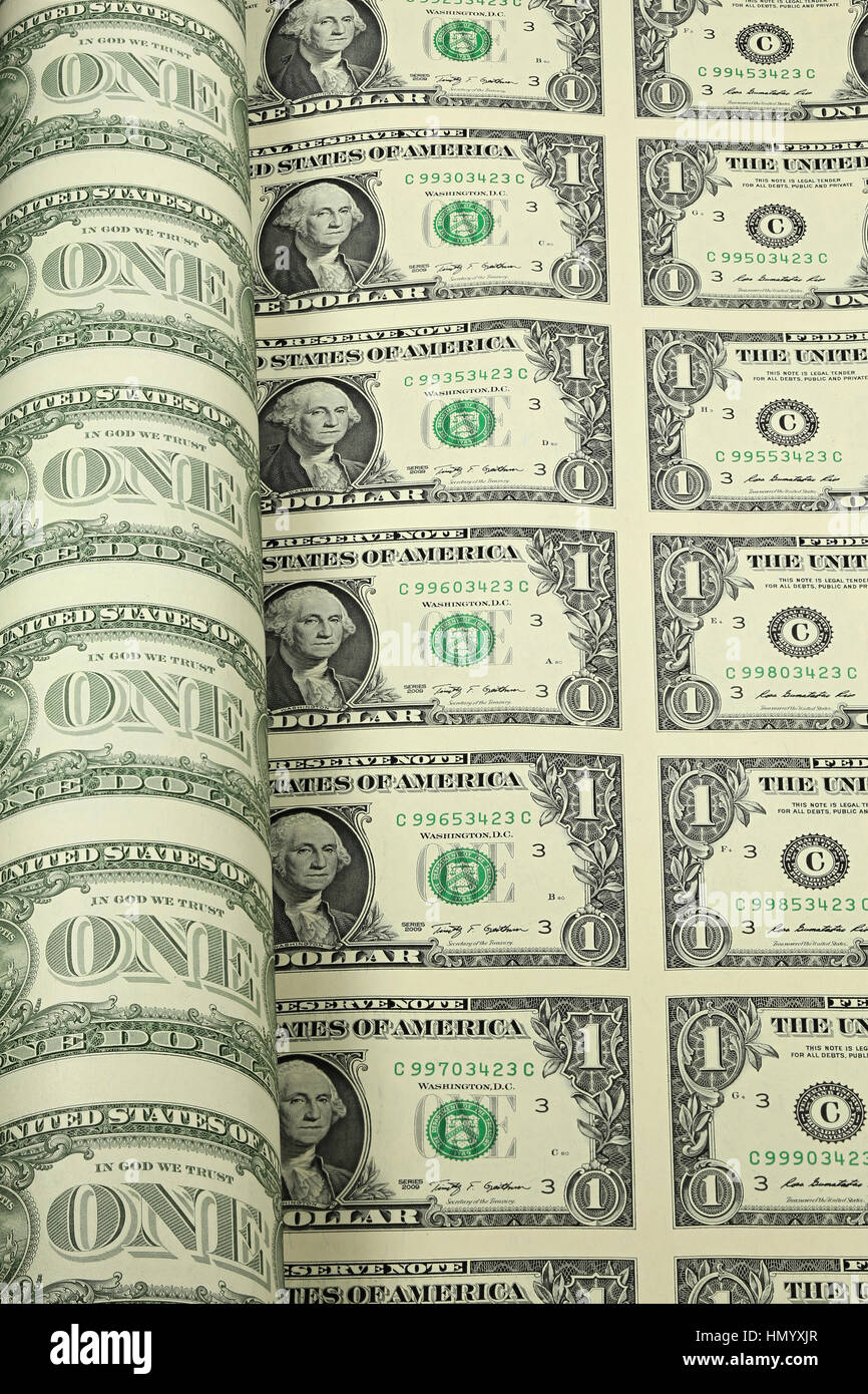 1 dollaro Usa foglio non tagliato Foto Stock