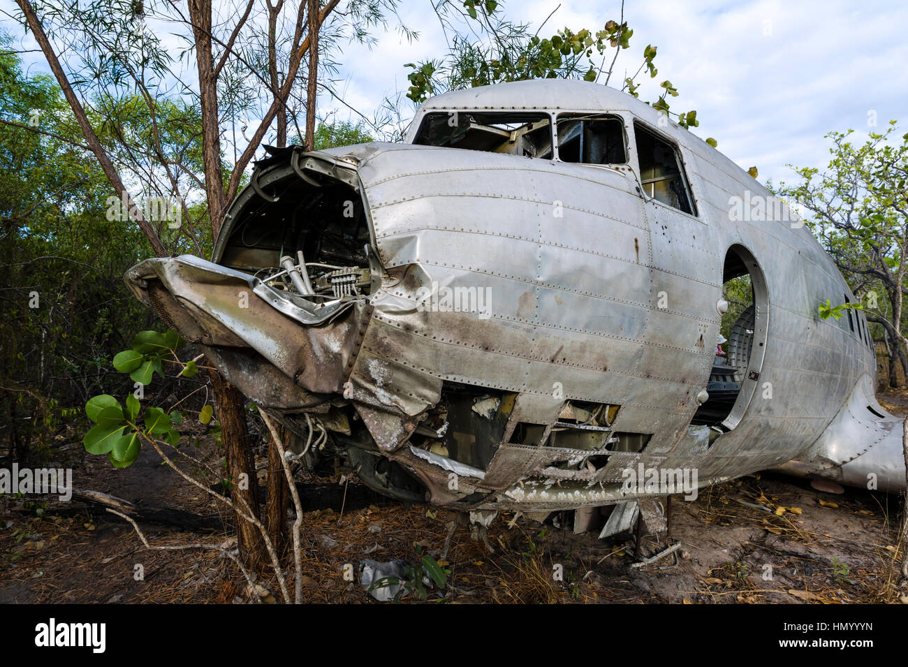 Il cockpit distrutto e la fusoliera di un DC-3 nella foresta dopo il crash durante la seconda guerra mondiale. Foto Stock
