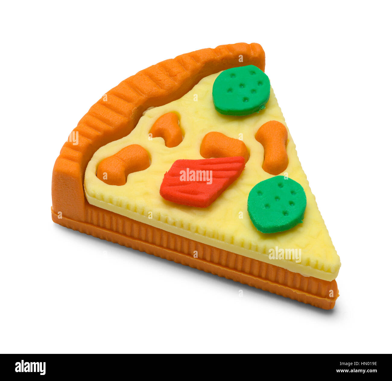 Singola fetta di Pizza Eraser Toy isolati su sfondo bianco. Foto Stock