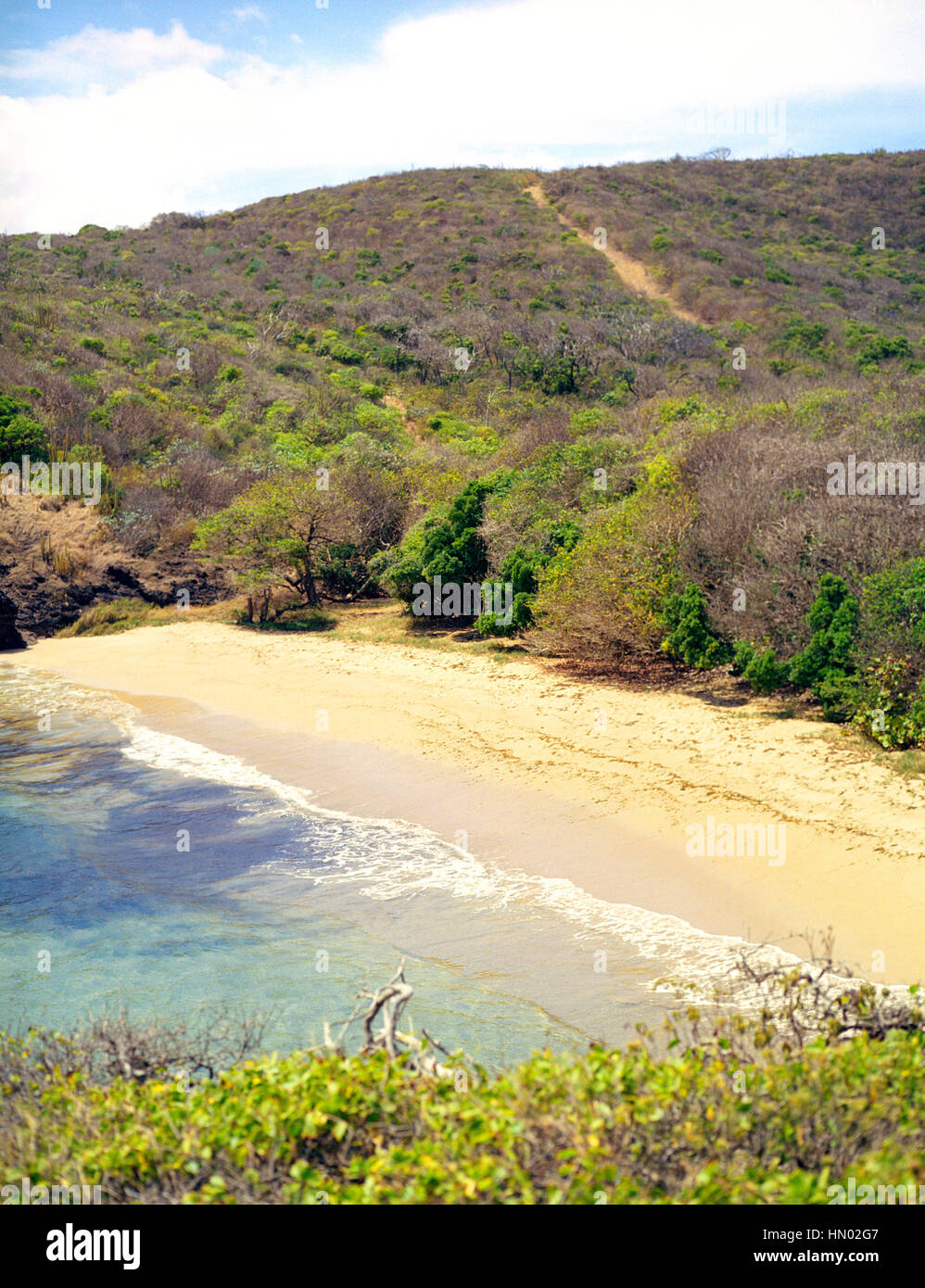 Una vista della spiaggia segreta in Santa Lucia. Una spiaggia isolata a sud di Cas En Bas sul lato atlantico dell'isola. Una spiaggia segreta è molto appartata e disseminata Foto Stock
