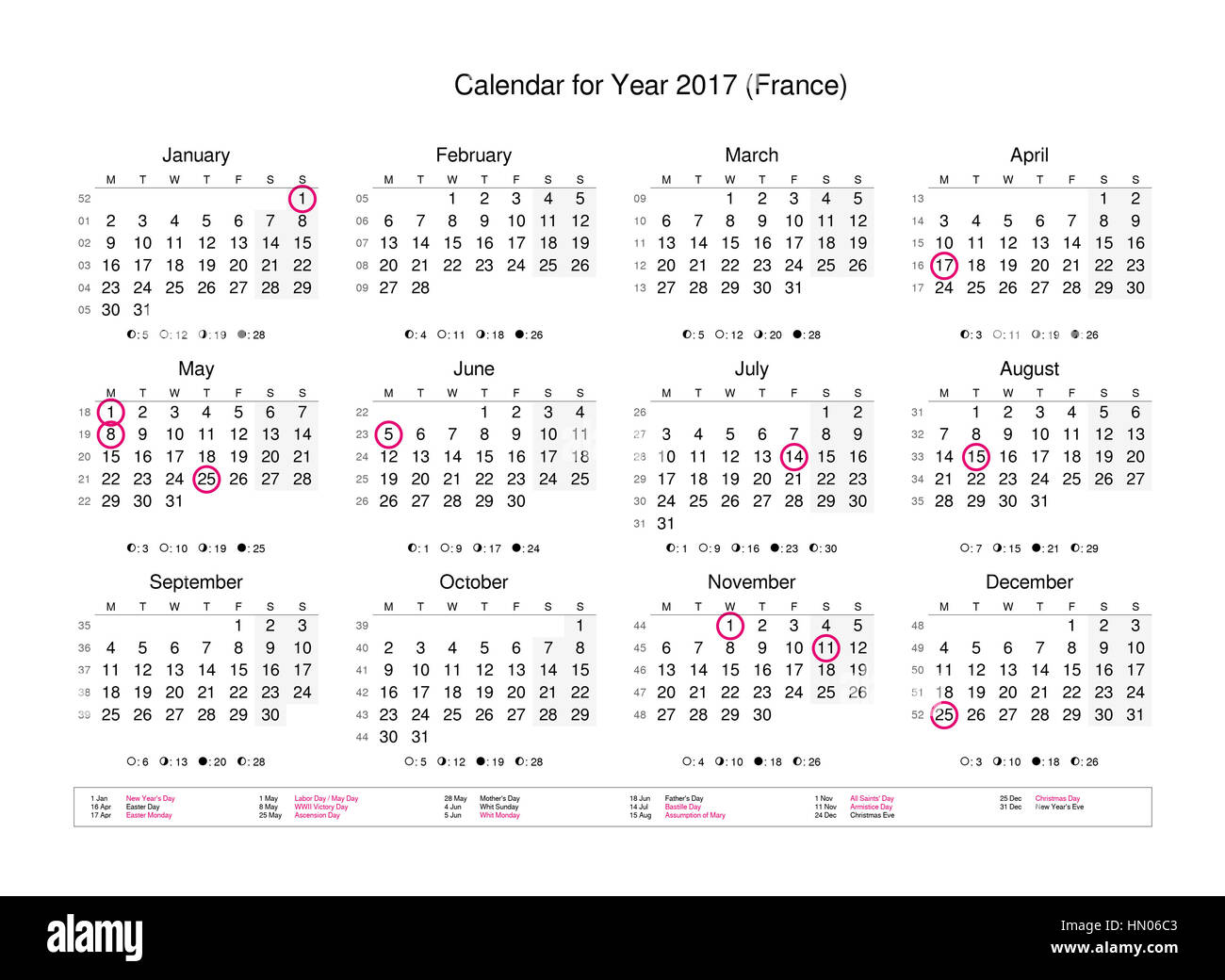 Calendario dell'anno 2017 con giorni festivi e giorni festivi per la Francia Foto Stock