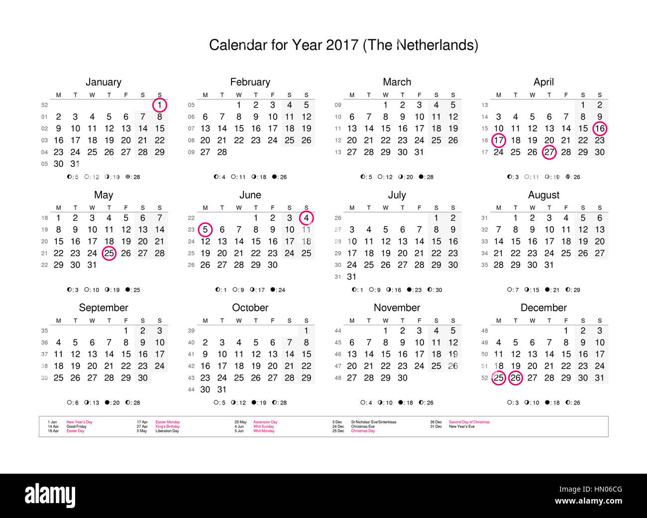 Calendario dell'anno 2017 con giorni festivi e giorni festivi per i Paesi Bassi Foto Stock