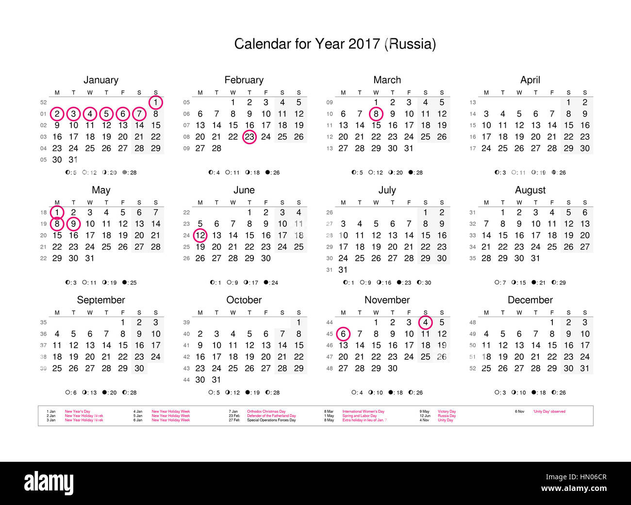 Calendario dell'anno 2017 con giorni festivi e giorni festivi per la Russia Foto Stock