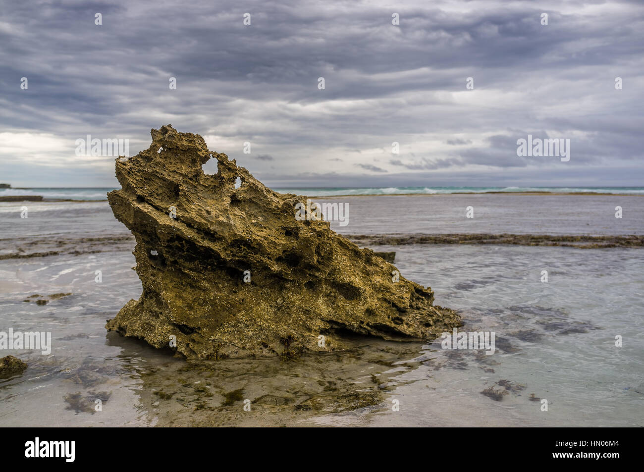 Bella roccia erosa a bassa marea sulla costa dell'oceano. Le tempeste e la bassa marea Foto Stock