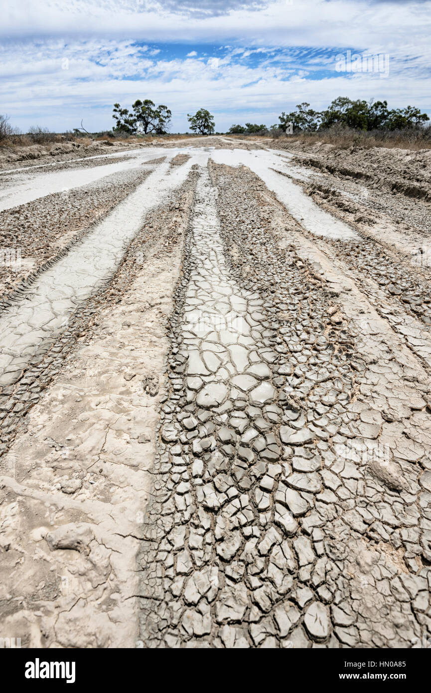 Outback inondate di strada sterrata in Kinchega National Park, New South Wales, Australia Foto Stock