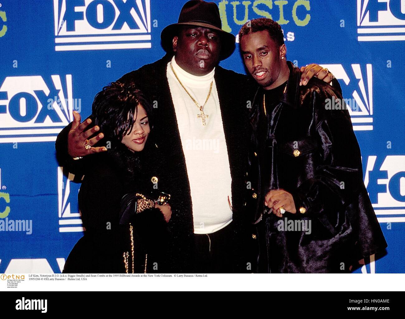 Lil' Kim, Notorious B.I.G. (A.k.a. Biggie laghetti) e Sean pettini al 1995 Billboard Awards presso il Colosseo di New York. Foto Stock