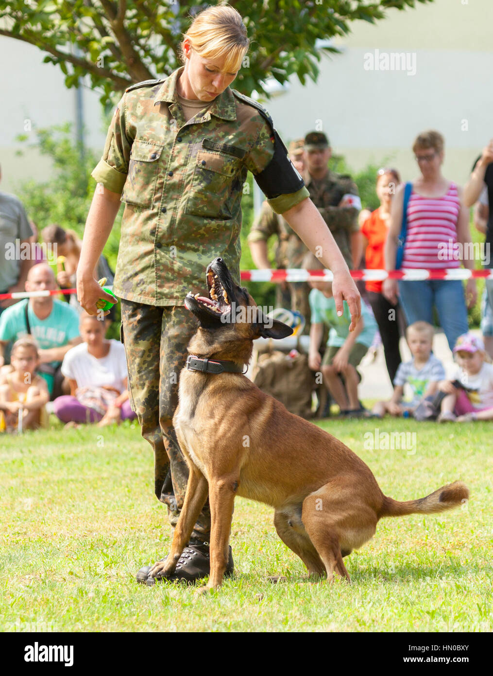BURG / GERMANIA - Giugno 25, 2016: tedesco della polizia militare sheepdog siede dal suo proprietario su open day in barrack burg / Germania a giugno 25, 2016 Foto Stock