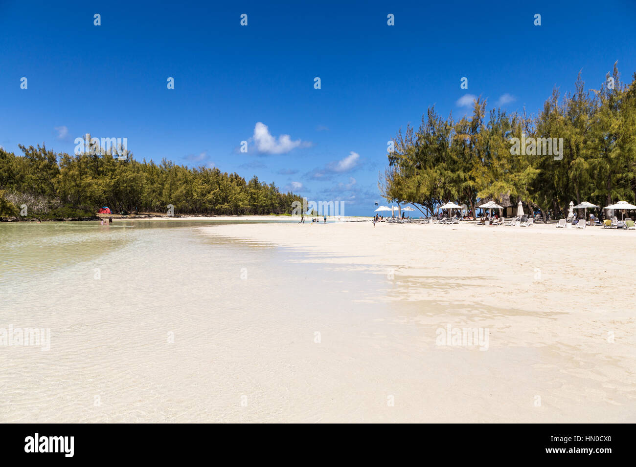 Spiaggia idilliaca sulla Ile aux Cerfs (cervo) isola al largo della costa di Mauritius. Questo popolare è un giorno di viaggio per i turisti nelle isole Mauritius. Foto Stock