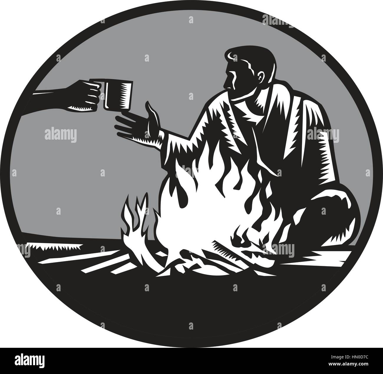 Illustrazione di camper con un sacco a pelo avvolti intorno alle sue spalle, tenendo serrata, seduto davanti a un fuoco, accettando una tazza di stagno di coff a caldo Illustrazione Vettoriale