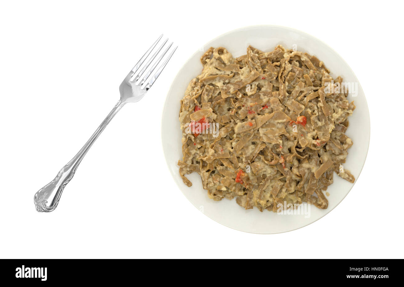 Vista dall'alto di una porzione di edamame fettuccine con una salsa di cocco su una piastra più una forcella per il lato isolato su uno sfondo bianco. Foto Stock