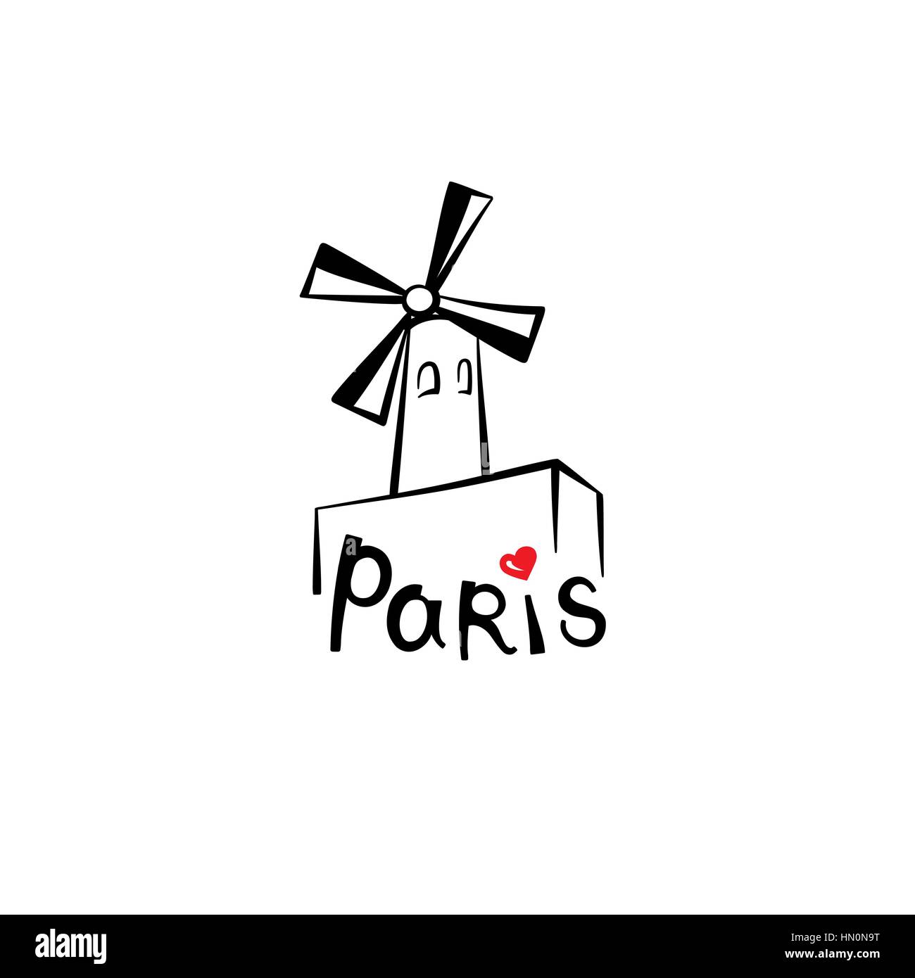 Segno di Parigi. francese famoso Moulin rouge. viaggiare in Francia etichetta. Parigi icona architettonica con caratteri Illustrazione Vettoriale