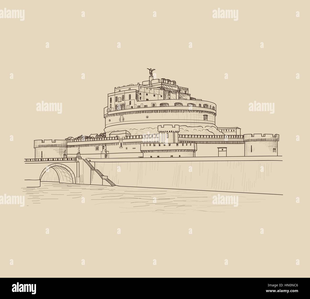 Roma Paesaggio con il castello di Sant'Angelo. città italiana famoso segno distintivo skyline. Viaggiare in Italia incisione. Roma città architettonico riverside sfondo Illustrazione Vettoriale