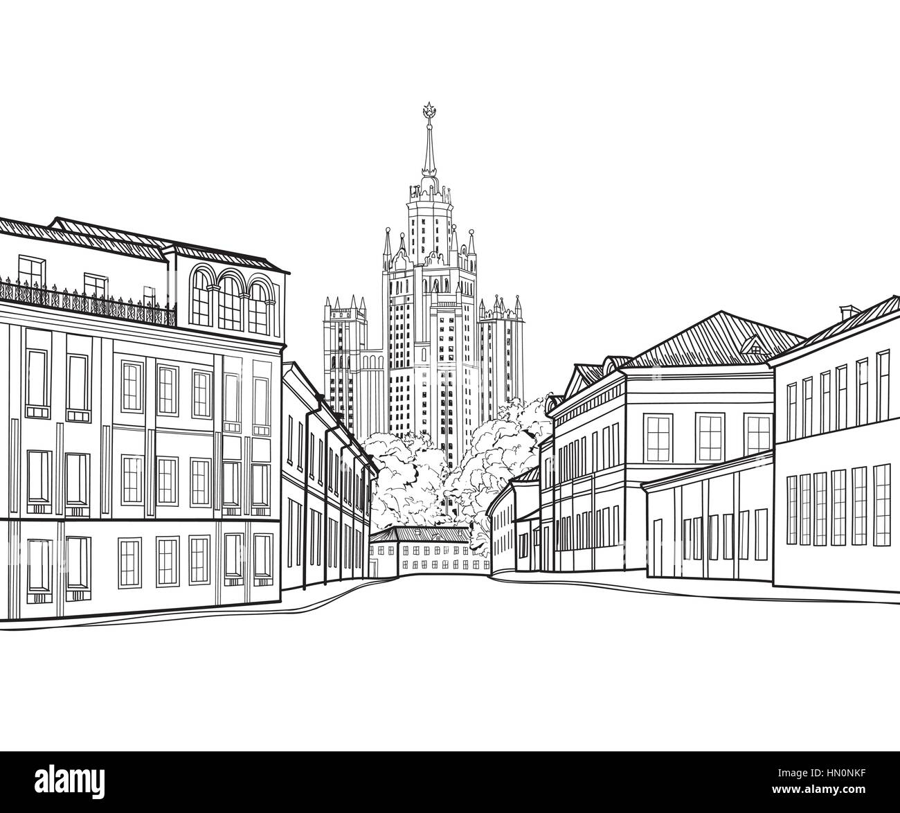 Moscow City street view con il famoso grattacielo di Stalin edificio su sfondo. Mosca cityscape. viaggio russia skyline di incisione Illustrazione Vettoriale