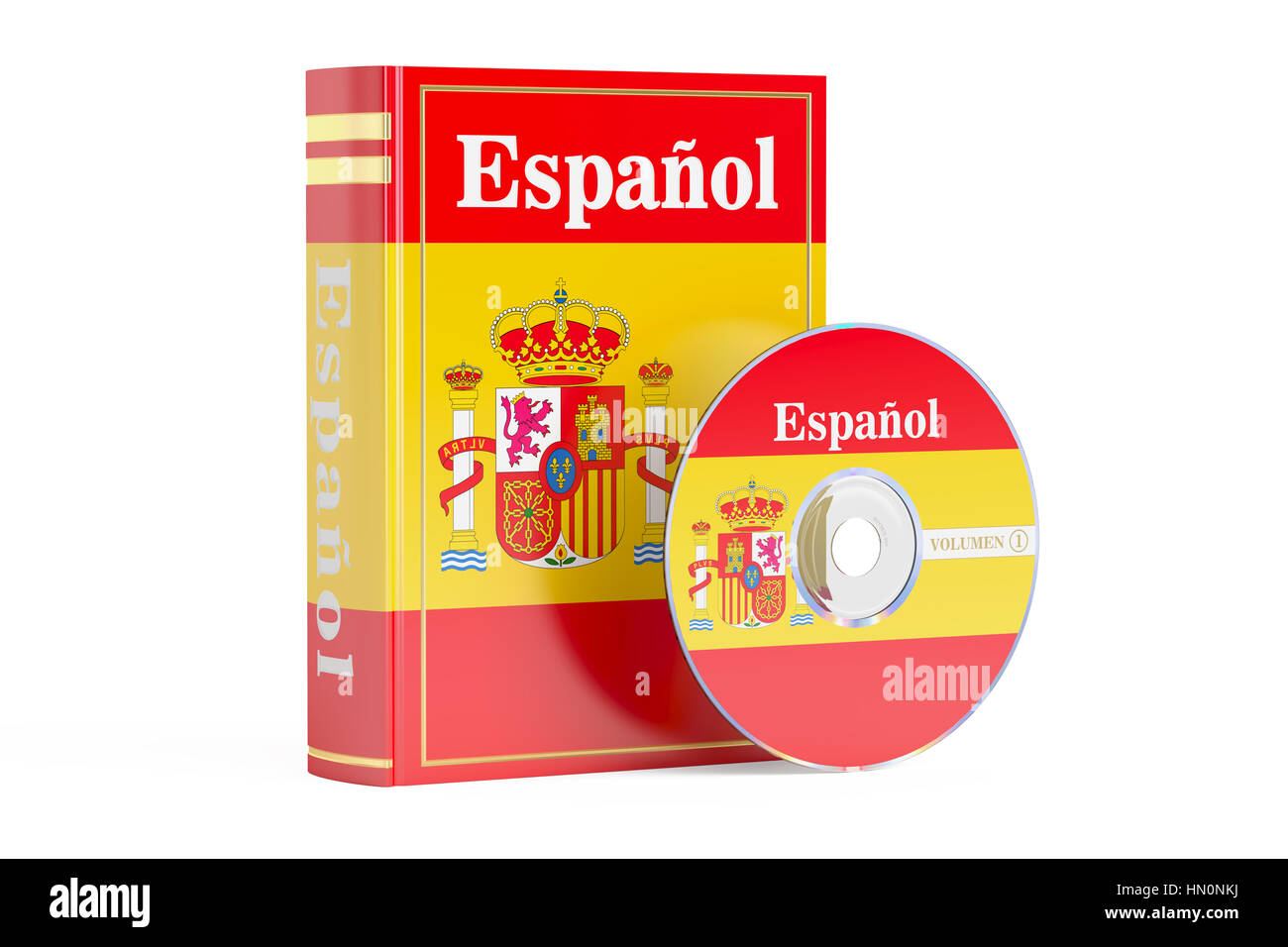 Libro spagnolo con la bandiera della Spagna e disco CD, rendering 3D isolati su sfondo bianco Foto Stock