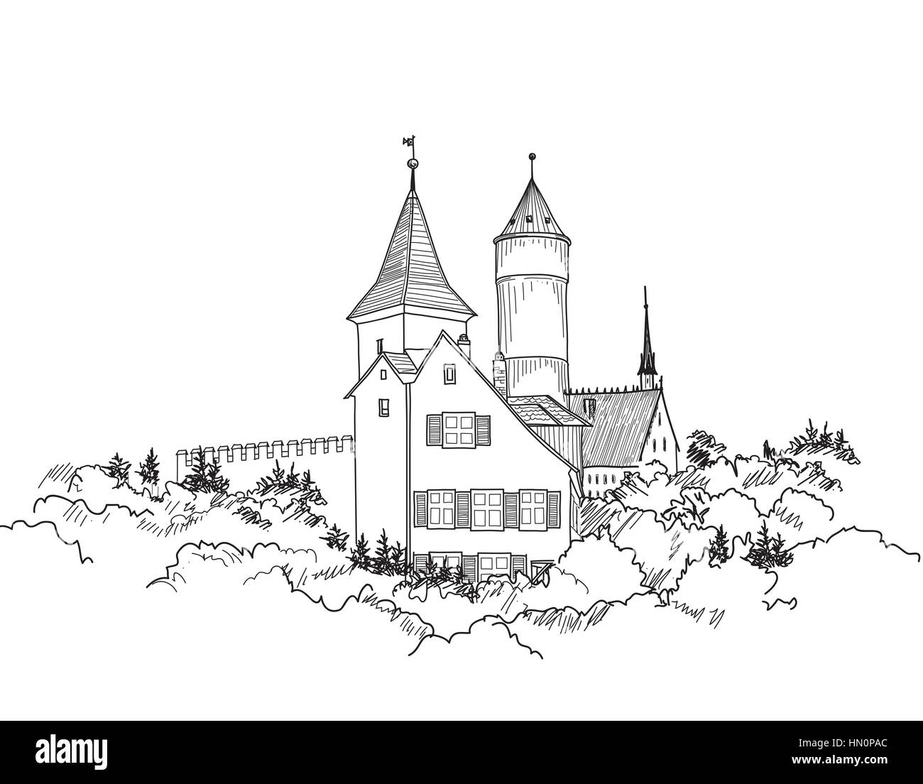 Viaggi Germania sfondo. edificio del castello sul colle di attacco dello skyline. mano bozzetto illustrazione vettoriale. vintage cartolina turistica, Illustrazione Vettoriale