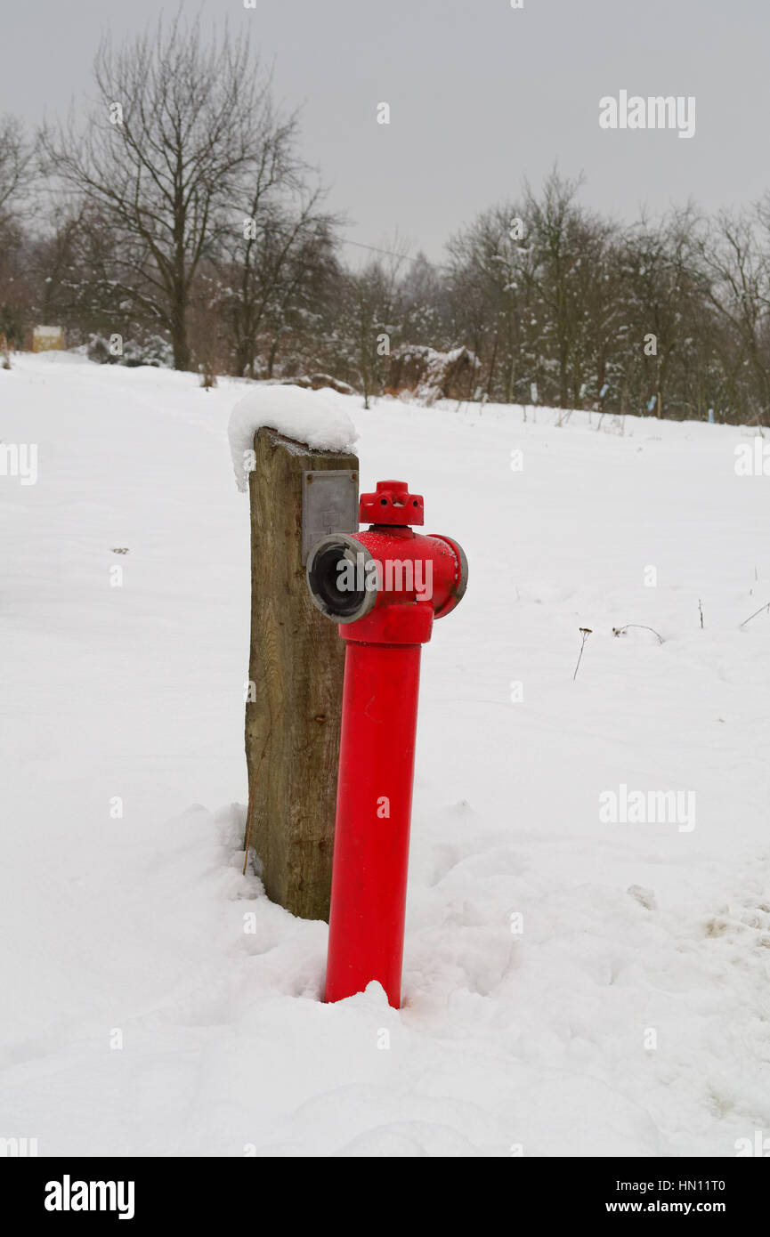 Tubo rosso da idrante sulla coperta di neve campo Foto Stock